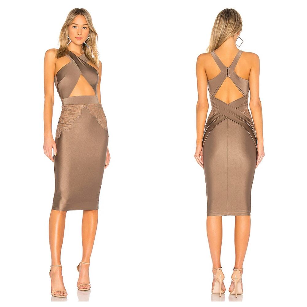 Michael Costello Philip Wrap-Front Midi Dress Size XS Brown Satin Lace Cocktail
